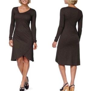 New Horny Toad Pirouette Ruched Asymmetric Long Sleeve Knit Midi Sheath Dress